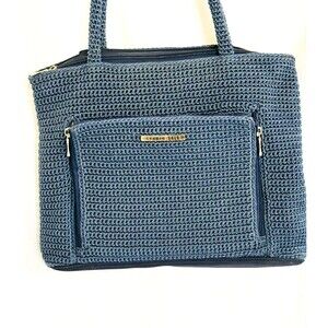 Blue Crocheted Shoulder Bag w/2 handles, Front Pocket, Studio 1010, Medium
